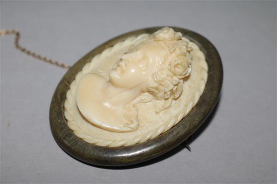 A horn mounted carved ivory cameo brooch, 2in.